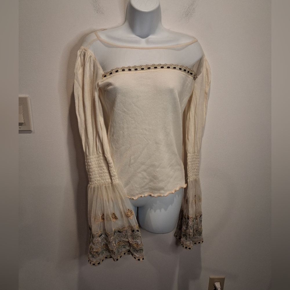Free People Size S Ivory High Tides Boho Bell Sleeves Top
